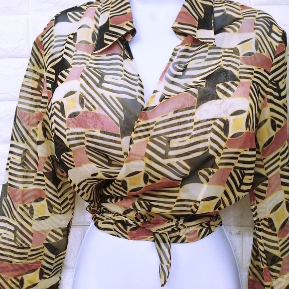 Lot of 2 Tops Sheer Blouses Geometric Patterned -M(10) Open-Front Button-up - Picture 5 of 13